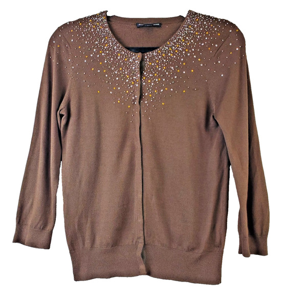 Club Monaco Womens Small Cardigan Sweater Beaded Neckline Silk Lightweight Brown - Picture 1 of 10